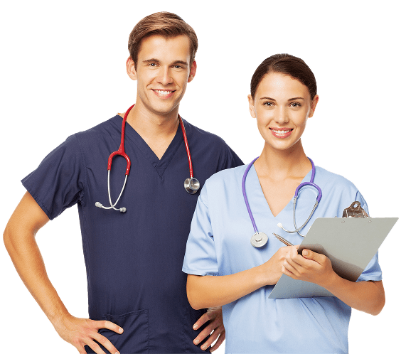 A man and woman in scrubs are standing together.